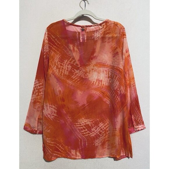 Chicos Top Womens Large Pink Orange Tie-Dye Beaded Tunic Sheer Boho Flowy Beachy - Picture 3 of 6